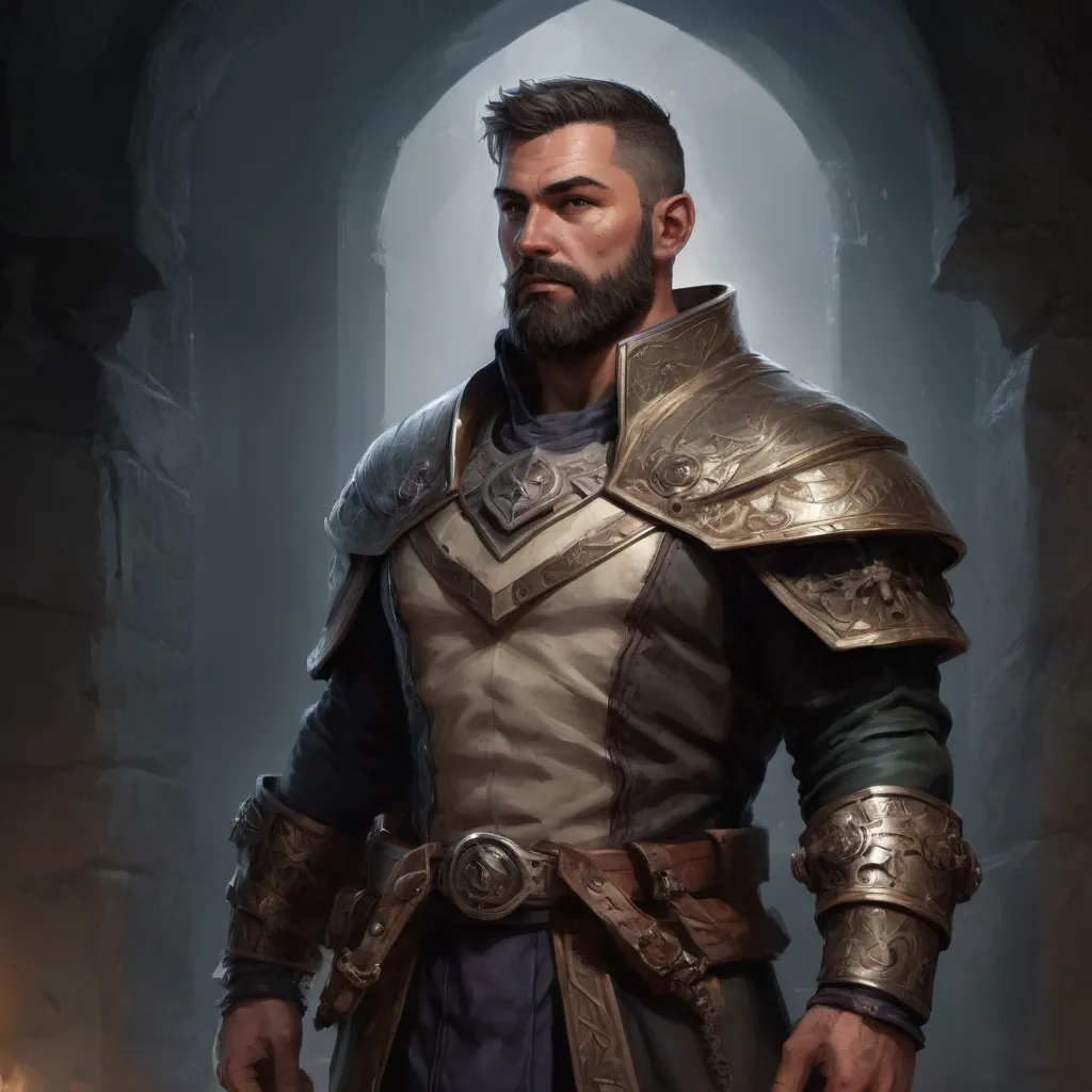 Prompt: Male stocky large muscular holy-cleric with short-cut hair and beard, exploring a dark trasure room, pathfinder, d&d setting, realistic, enhanced shadow quality