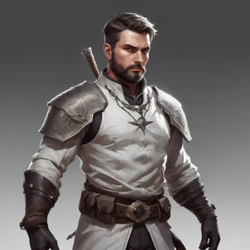 Prompt: Male stocky heavy-set mature illutionist with short-cut hair and beard, on a battlefield, in combat, casting a white-spell, pathfinder, d&d setting, in a realistic high quality digital art style, enhanced shadow quality