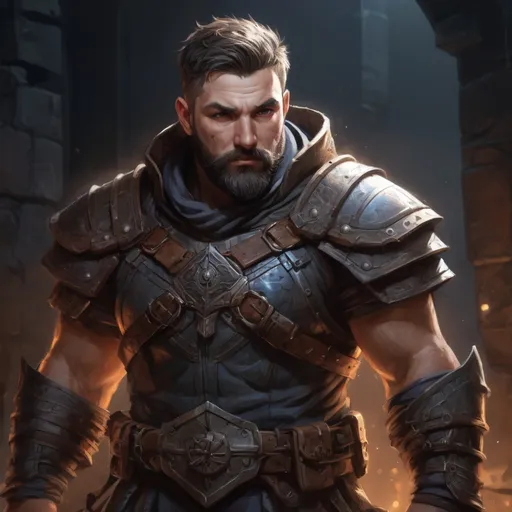 Prompt: Male stocky large warrior with short-cut hair and beard, exploring a dark dungeon, pathfinder, d&d setting, in a realistic high quality digital art style, enhanced shadow quality, colorful