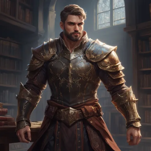 Prompt: (Full body) male stocky masculine manly hunky royal knight with short hair and beard, hairy chest, in a dark library, pathfinder, d&d setting, in a realistic high quality digital art style