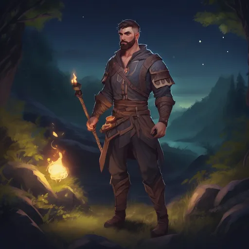 Prompt: (Full body) male muscular summoner with short hair and beard, in nature at night, pathfinder, d&d setting, in a realistic digital art style