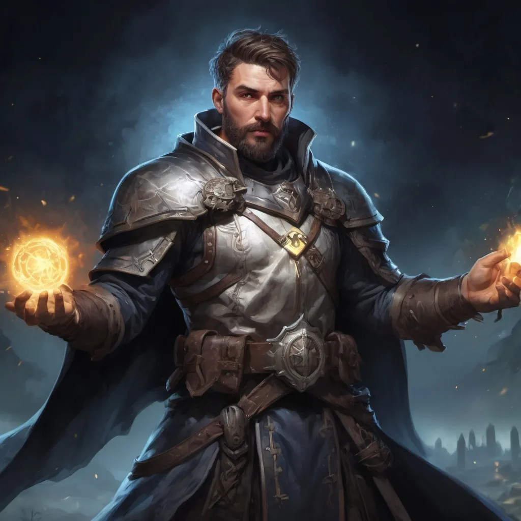 Prompt: Male stocky heavy-set crusader with short-cut hair and beard, casting a magical healing-spell out of hands, on a batle field at night, pathfinder, d&d setting, in a realistic high quality digital art style, enhanced shadow quality