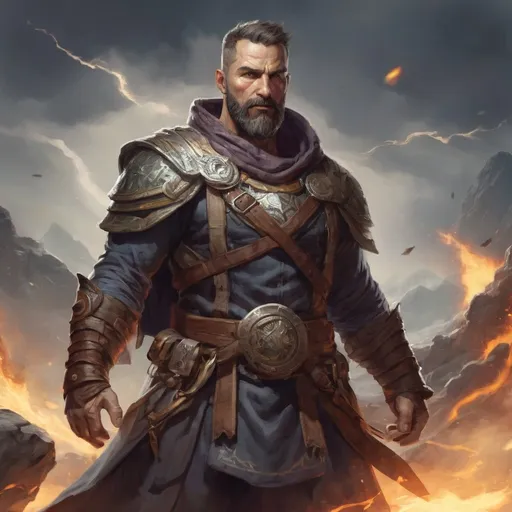 Prompt: (head and torso) Male heavy-set muscular fit 37-year old hunky druid with short-cut hair and beard, holding magic-spell, in a windy battlefield, pathfinder, d&d setting, enhanced shadow quality