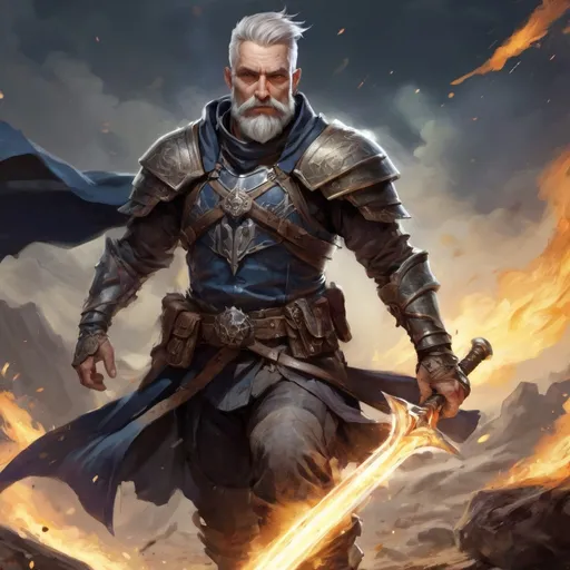 Prompt: (torso) Male heavy-set mature fit magical battle-mage with short-cut hair and beard, holding fantasy-weapon, in movement, in a windy battlefield, pathfinder, d&d setting, enhanced shadow quality