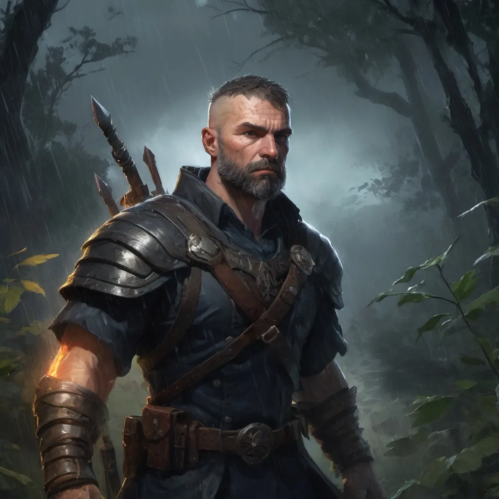 Prompt: Male stocky muscular mature warrior, with short hair and beard, in a dark thicket by a battlefield at night in a rainstorm, pathfinder, d&d setting, in a realistic high quality digital art style, enhanced shadow quality, colorful