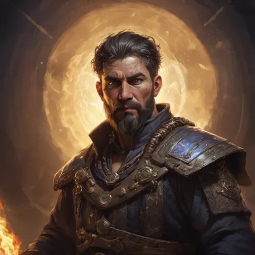 Prompt: Male stocky mature shaman with short-cut hair and beard, in combat casting magic, inside of an astral magical dimention, pathfinder, d&d setting, in a realistic high quality digital art style, enhanced shadow quality