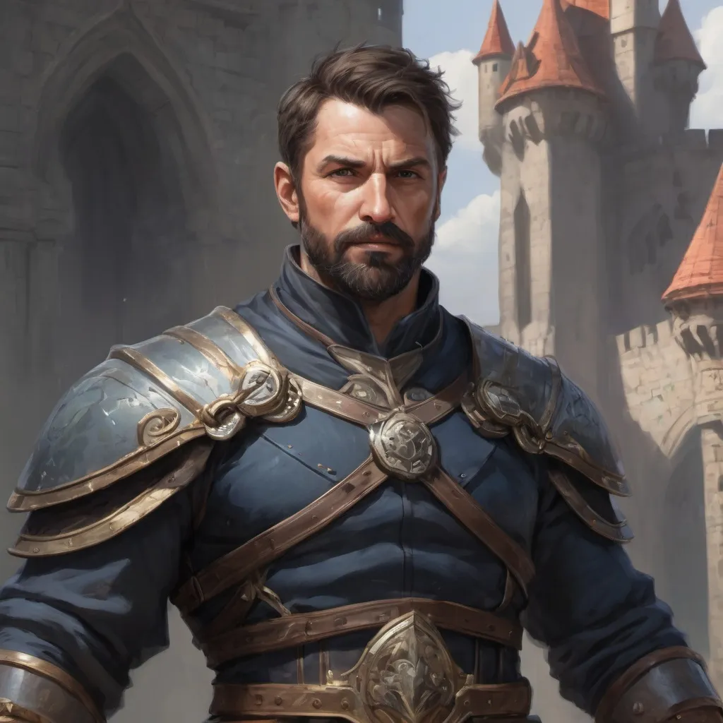 Prompt: Male heavy-set 42-year old muscular noble large sorcerer with short-cut hair and beard, in a windy castleground, pathfinder, d&d setting, enhanced shadow quality