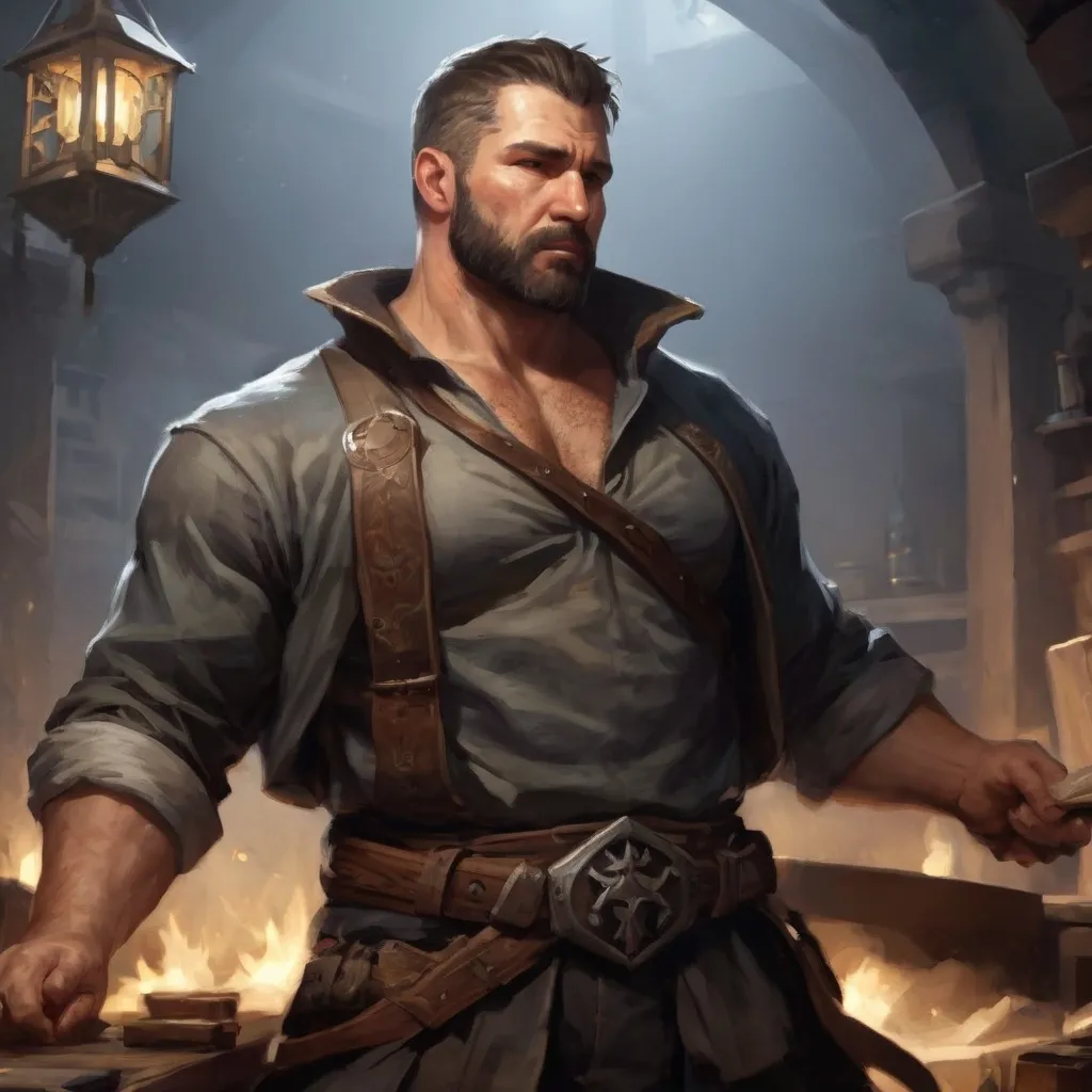 Prompt: (head and torso) Male heavy-set fit fat beefy 35-year old hunky battle mage-with short-cut hair and beard, hairy chest (chest hair), open shirt big belly, holding magic-spell in hand, in a dark tavern room, pathfinder, d&d setting, enhanced shadow quality