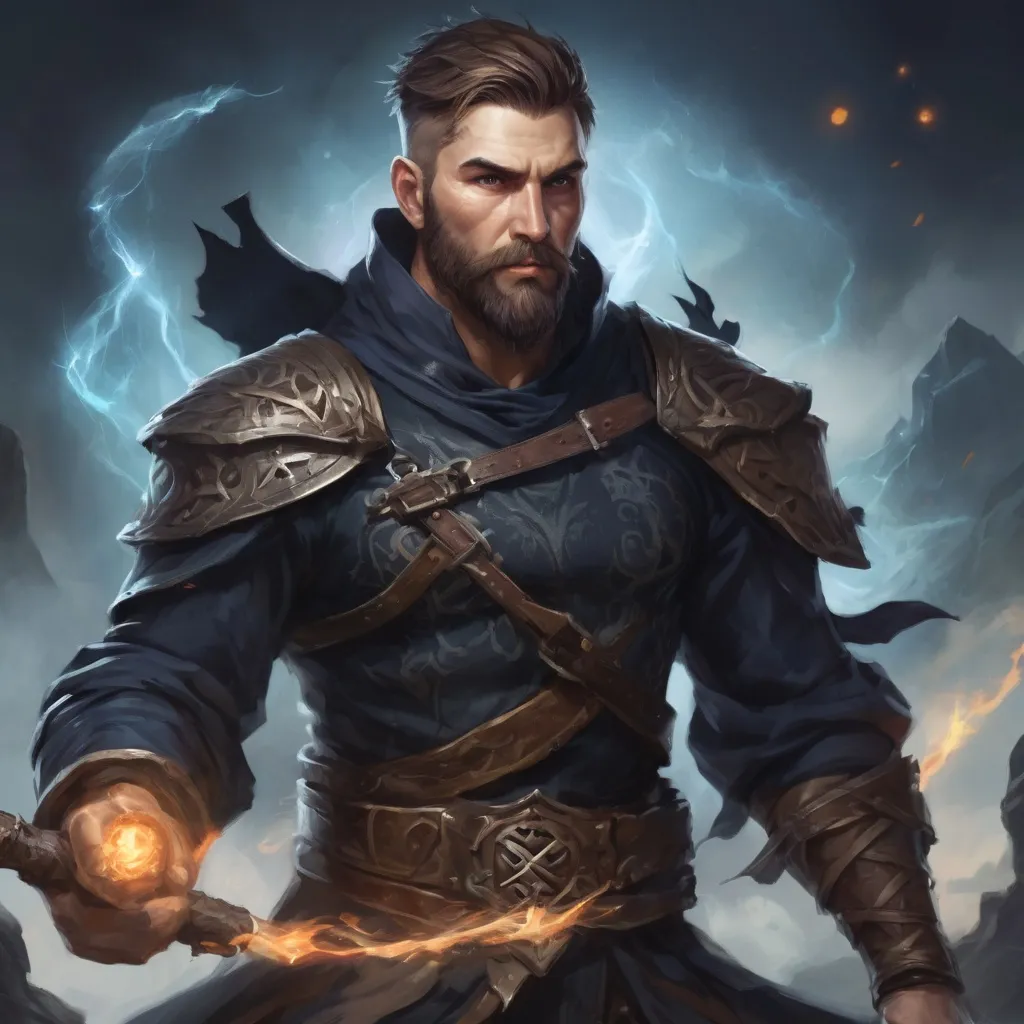 Prompt: (head and torso) Male heavy-set fit 30-year old hunky druid with short-cut hair and beard, holding magic-spell, in a windy nature at night, pathfinder, d&d setting, enhanced shadow quality