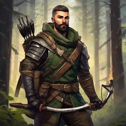 Prompt: (Full body) handsome male ranger with buzz-cut hair beard, dirt in the face, scar, manly face, holding a crossbow, pathfinder, dungeons and dragons, in a dark forest, in a painted style, realistic
