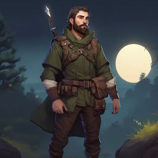 Prompt: (Full body) male ranger with short hair and beard, in nature at night, pathfinder, d&d setting, in a realistic digital art style