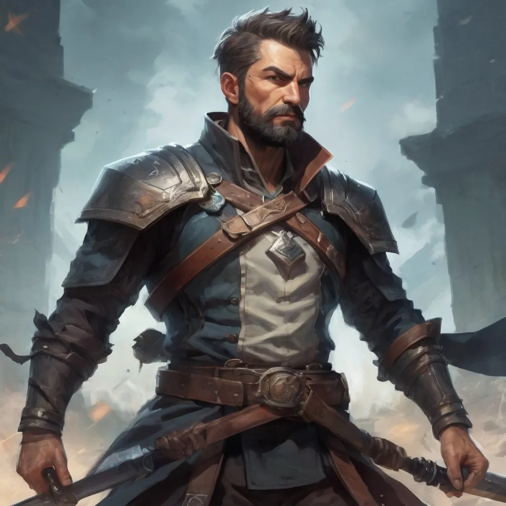 Prompt: (torso) Male heavy-set mature fit magical summoner with short-cut hair and beard, holding fantasy-weapon, in movement, in a windy battlefield, pathfinder, d&d setting, enhanced shadow quality