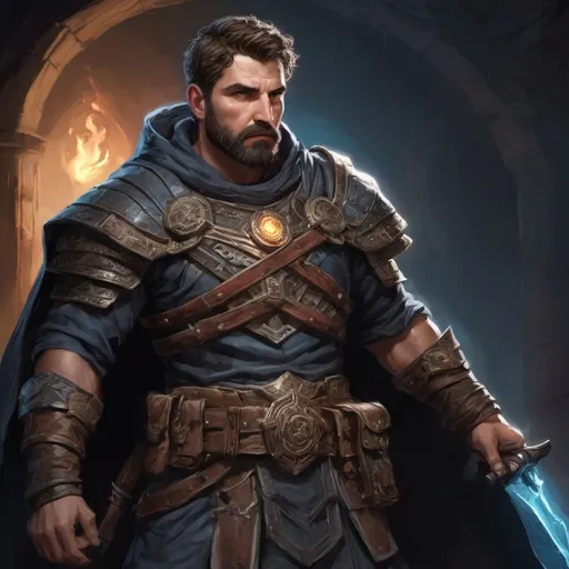 Prompt: Male stocky large mature greek fighter with short-cut hair and beard, exploring a dark astral dungeon, pathfinder, d&d setting, in a realistic high quality digital art style, enhanced shadow quality, colorful