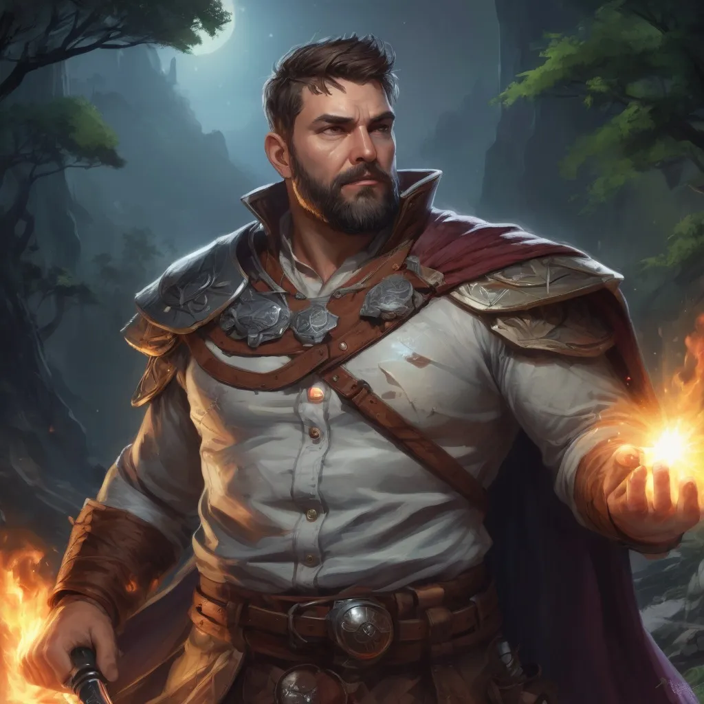 Prompt: Male stocky large fat templar with short-cut hair and beard, open shirt hairy chest, in combat casting a magic-ray out of hands in nature at night, pathfinder, d&d setting, in a realistic high quality digital art style, enhanced shadow quality, colorful