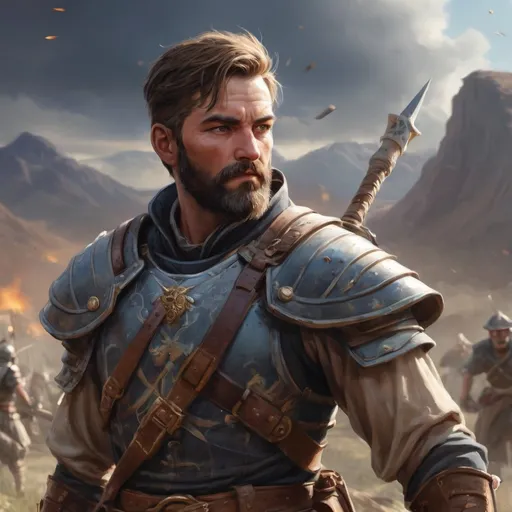 Prompt: Male heavy-set mature fit Pikeman with short-cut hair and beard, holding fantasy-weapon , in a windy battlefield, pathfinder, d&d setting, enhanced shadow quality