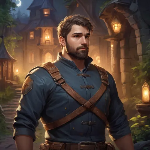 Prompt: Male stocky heavy-set charming scout with short-cut hair and beard, outside of a fantasy guard-tower by the woods at night, pathfinder, d&d setting, in a realistic high quality digital art style, enhanced shadow quality