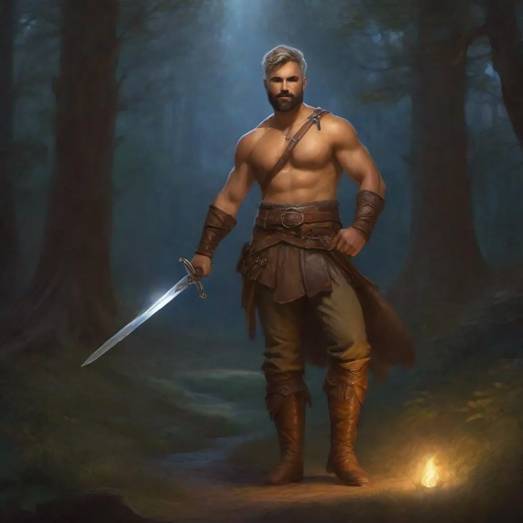 Prompt: (Full body) A male bare chested hairy fighter short-cut salt and pepper hair with short-beard manly face, pathfinder, faint lights in the background, holding sword, dungeons and dragons, brown boots, fantasy setting, standing in a forest glade at night, in a painted style realistic art