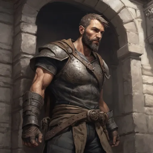 Prompt: (torso) Male heavy-set mature fit thief with short-cut hair and beard, climbing a wall and breaking in to a mansion, windy, pathfinder, d&d setting, enhanced shadow quality