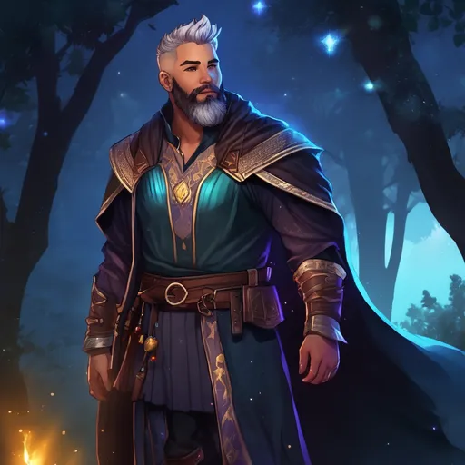 Prompt: (Full body) male stocky astral magus with short hair and beard, open shirt, in dark lit nature background, pathfinder, d&d setting, in a realistic digital art style