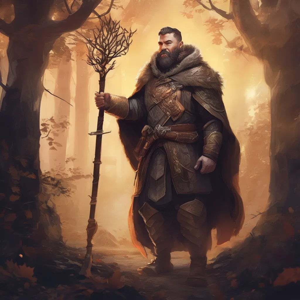 Prompt: (Full body) male stocky druid with short-cut hair and beard, holding magical tree staff, in a forest at night, leaf-shoulderguards, cloak, heavy belt, pathfinder, d&d setting, in a realistic digital art style