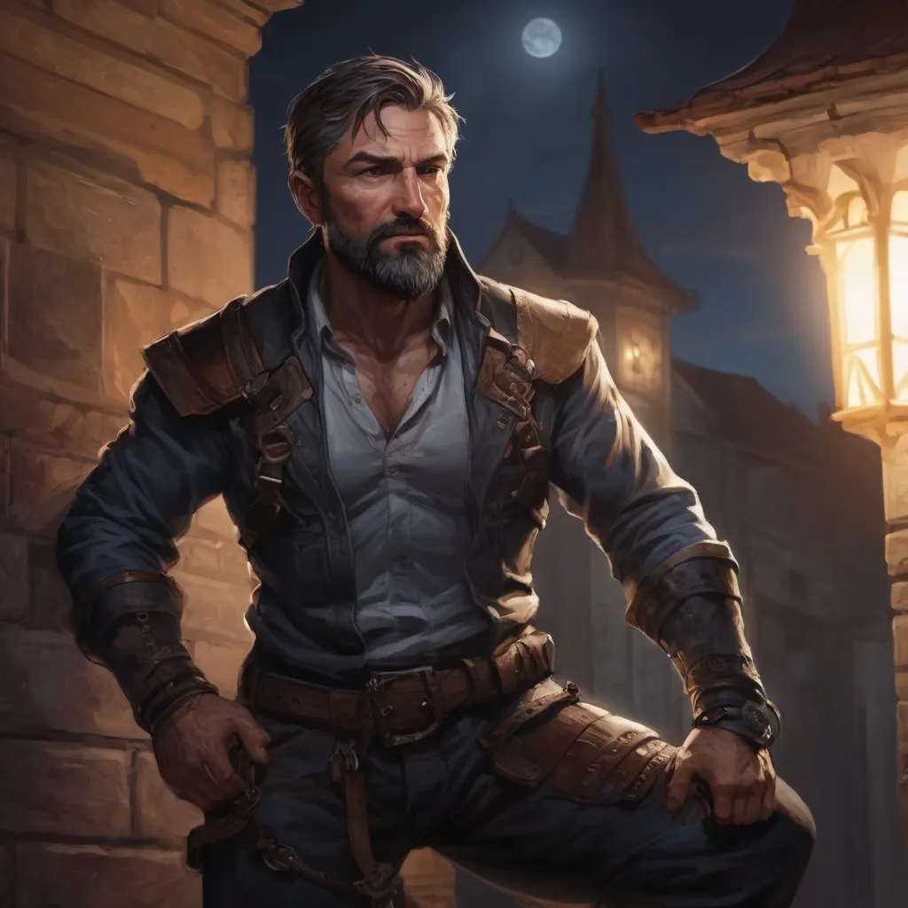 Prompt: (torso) Male heavy-set mature fit thief with short-cut hair and beard, climbing on a wall of a mansion at night, in movement, windy, pathfinder, d&d setting, enhanced shadow quality