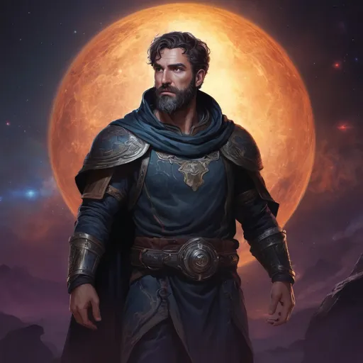 Prompt: Male stocky large mature greek seer with short-cut hair and beard, exploring a dark astral plane, pathfinder, d&d setting, in a realistic high quality digital art style, enhanced shadow quality, colorful