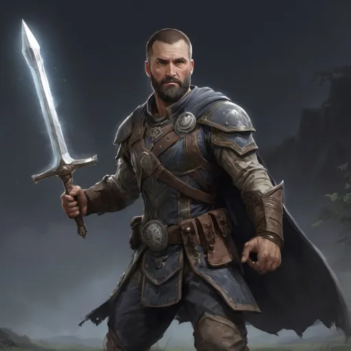 Prompt: (torso) Male heavy-set 38-year old fit ranger with short-cut hair and beard, swinging a magical mace in combat, in movement, in a field at night, pathfinder, d&d setting, enhanced shadow quality