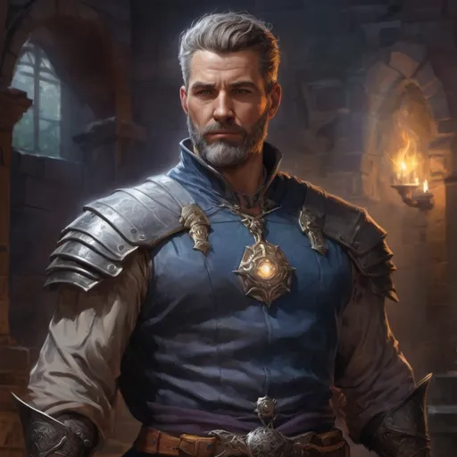 Prompt: (Torso) Male stocky large mature earth-sorcerer with short-cut hair and beard, in a dark castle, surrounded by bright magic, pathfinder, d&d setting, in a realistic high quality digital art style, enhanced shadow quality, colorful