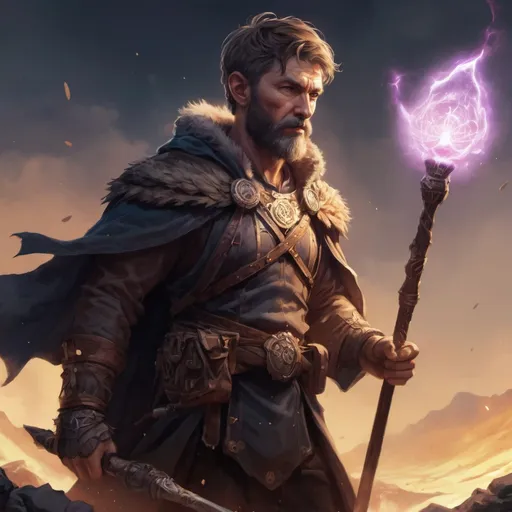 Prompt: Male stocky mature druid with short-cut hair and beard, on a battlefield, in combat, holding a magic staff into the ground causing a astral-spell, pathfinder, d&d setting, in a realistic high quality digital art style, enhanced shadow quality, colorful