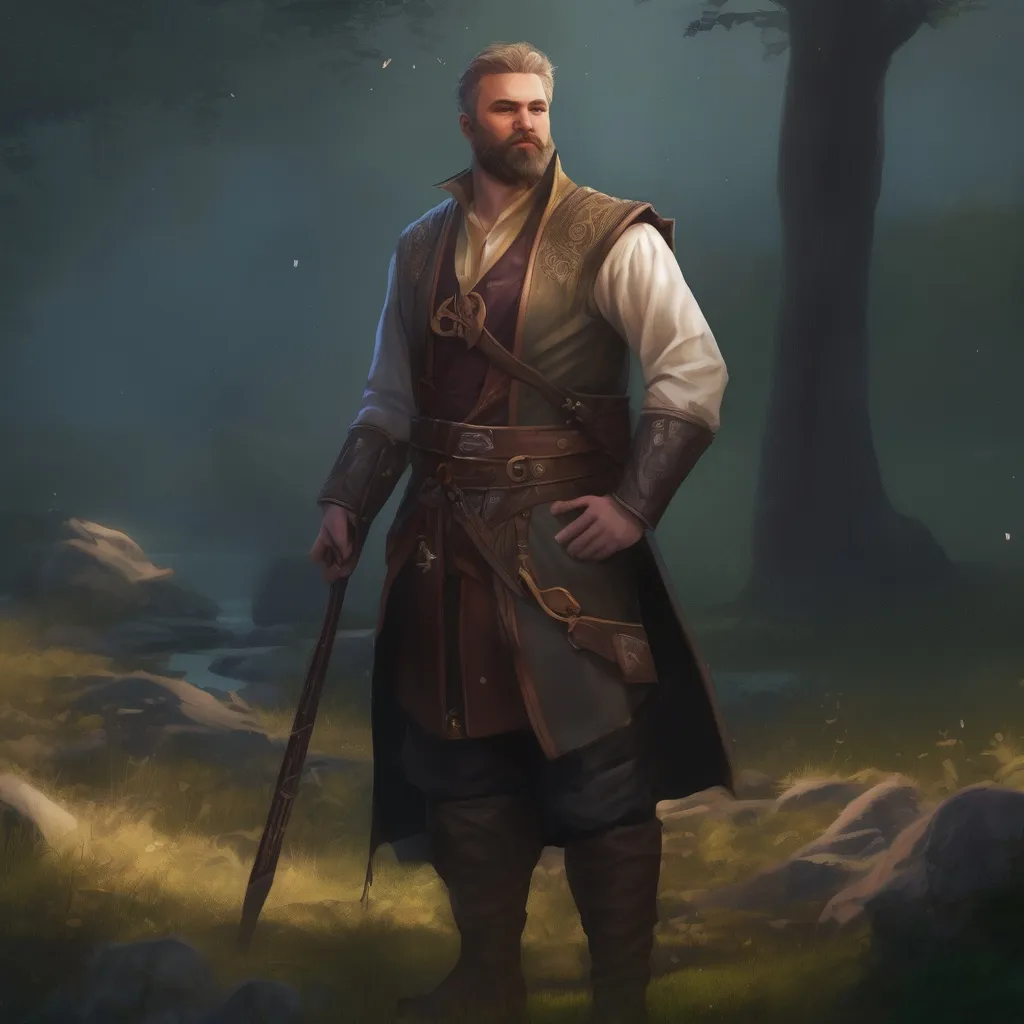 Prompt: (Full body) male stocky norwegian magical magus with short hair and beard, in nature in the evening, pathfinder, d&d setting, in a realistic digital art style