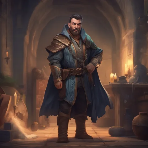 Prompt: (Full body) male stocky magus with short-cut hair and beard, in a dark magic temple dungeon, wearing magical noble robes, pathfinder, d&d setting, in a realistic digital art style