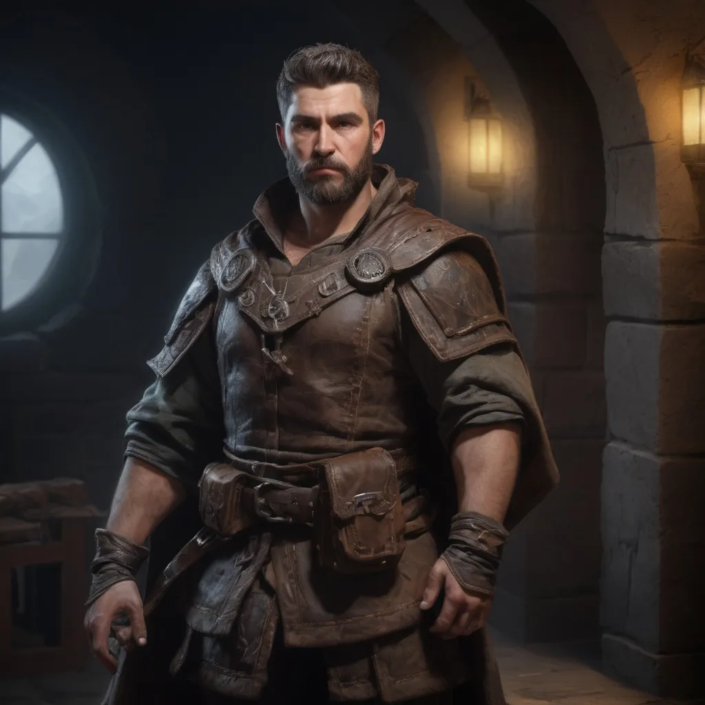 Prompt: Male stocky large beefy rogue with short-cut hair and beard, exploring a dark trasure room, pathfinder, d&d setting, realistic, enhanced shadow quality