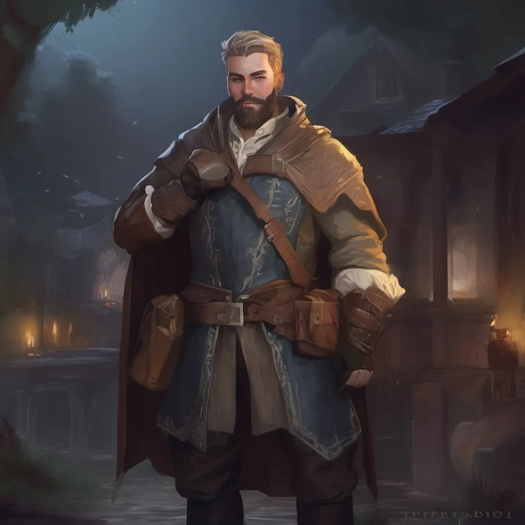 Prompt: (Full body) male stocky big-chested Noble thief with blonde short hair and beard, in nature at night, pathfinder, d&d setting, in a realistic digital art style