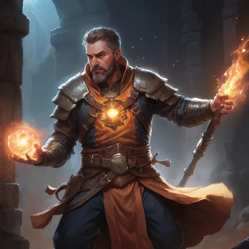 Prompt: Male stocky large mature cleric with short-cut hair and beard, engaged in combat casting a prismatic-light spell inside of a dark dungeon, pathfinder, d&d setting, in a realistic high quality digital art style, enhanced shadow quality, colorful
