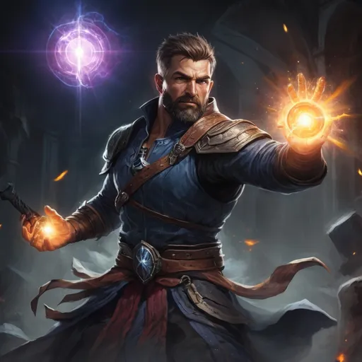 Prompt: Male stocky large muscular battle-mage with short-cut hair and beard, engaged in combat casting a white-light spell inside of a dark dungeon, pathfinder, d&d setting, realistic, enhanced shadow quality, colorful