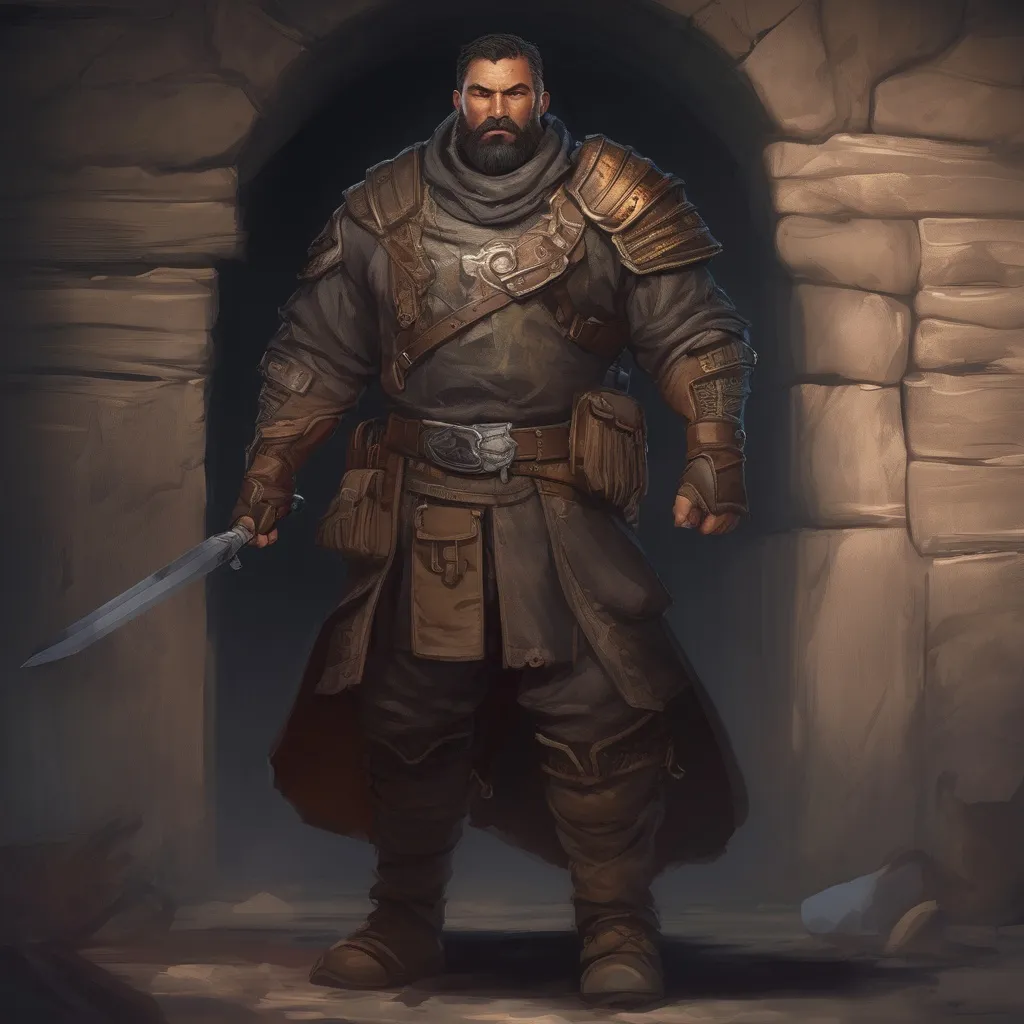 Prompt: (Full body) male stocky middle-aged warrior with black short-cut hair and beard, in a dark underground, pathfinder, d&d setting, in a realistic digital art style