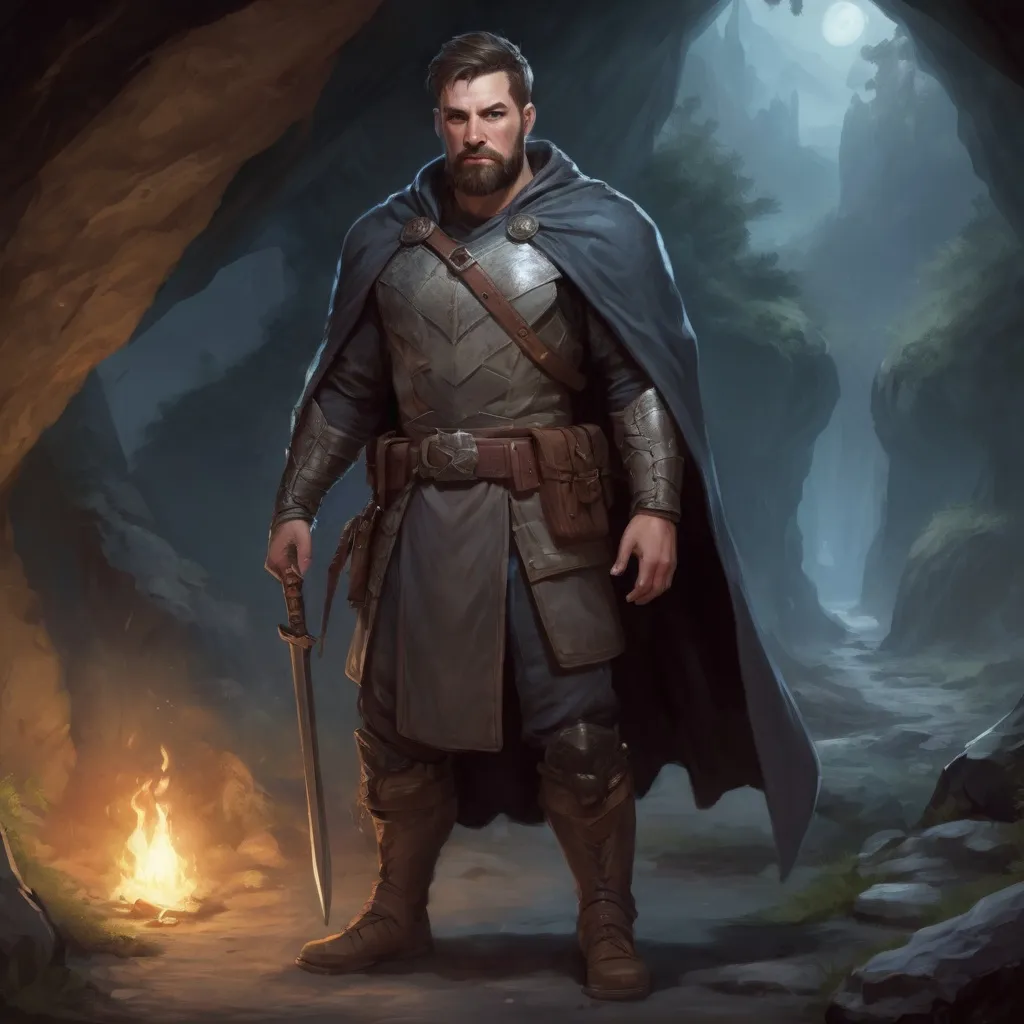 Prompt: (Full body) male manly stocky crusader with short hair and beard, outside of a cave by a forest at night, pathfinder, d&d setting, in a realistic high quality digital art style