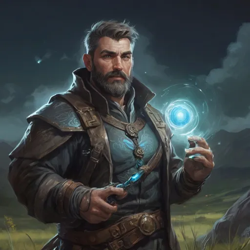 Prompt: (torso) Male stocky fit 39-year old alchemist with short-cut hair and beard, holding a magic wepon, in movement, in a windy field at night pathfinder, d&d setting, enhanced shadow quality, colorful