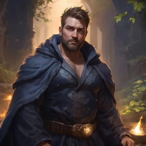 Prompt: male stocky heavy-set fat british royal transmuter with short-cut hair and beard, open shirt hairy chest, magic robe casting bright spell, in nature at night, pathfinder, d&d setting, enhanced shadow quality