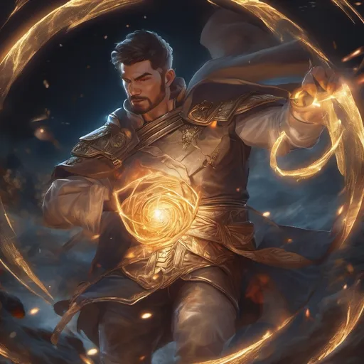 Prompt: (Full body) male stocky young muscular cleric with short-cut hair and a mustache, casting a swirly astral-spell, in nature at night pathfinder, d&d setting, in a realistic digital art style