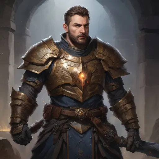 Prompt: Male stocky large mature paladin with short-cut hair and beard, engaged in combat inside of a dark dungeon, pathfinder, d&d setting, in a realistic high quality digital art style, enhanced shadow quality, colorful