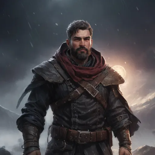 Prompt: Male stocky heavy-set mature fantasy-ranger with short-cut hair and beard, in a storm at night, pathfinder, d&d setting, in a realistic high quality digital art style, enhanced shadow quality