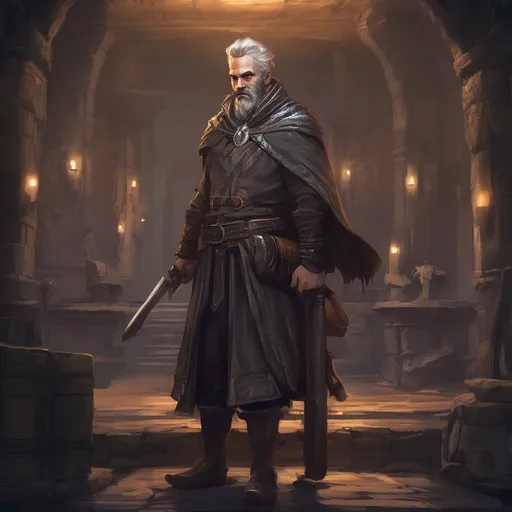 Prompt: (Full body) male stocky young bard with grey short-cut hair and beard, in a dark underground dungeon temple, pathfinder, d&d setting, in a realistic digital art style