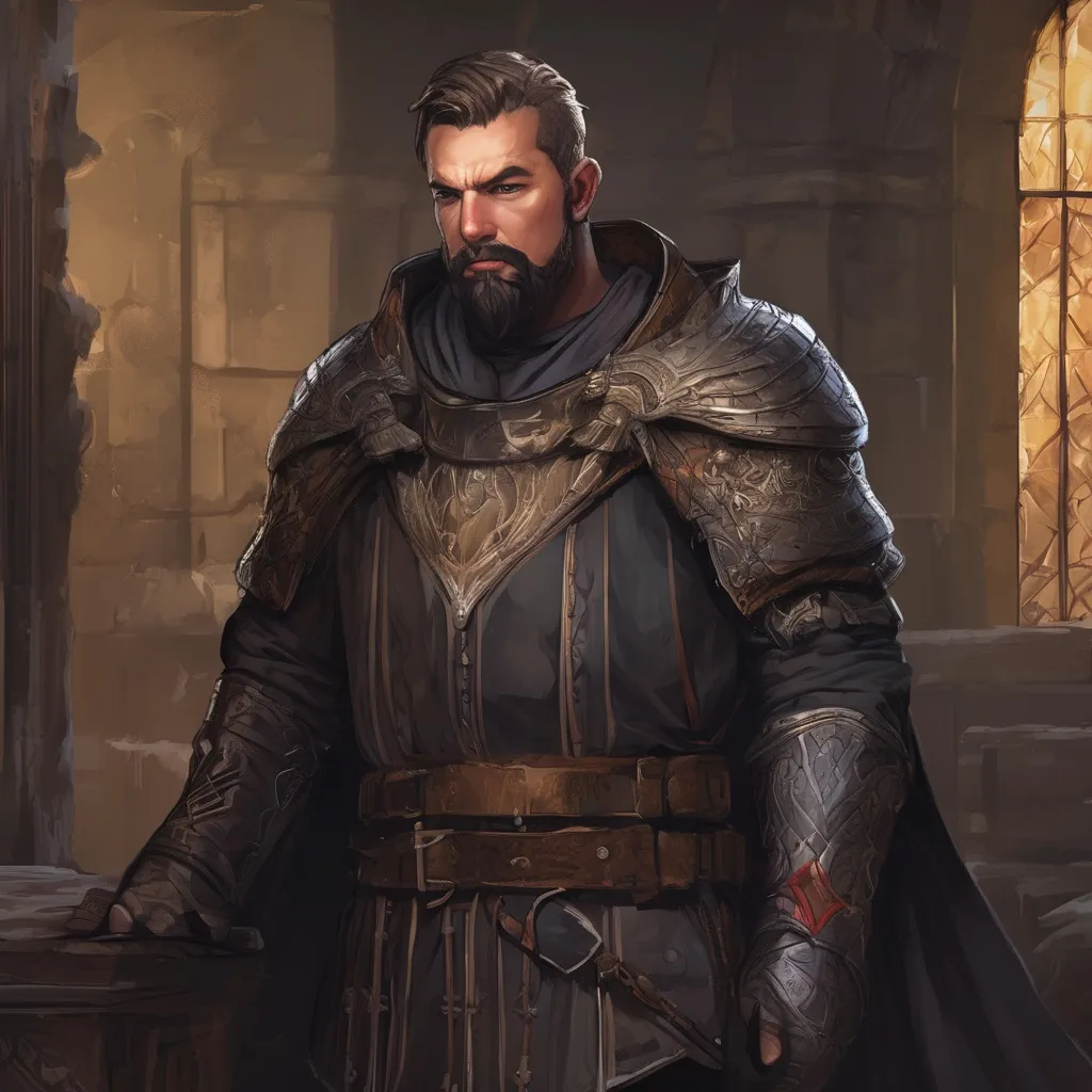 Prompt: (Full body) male large handsome cleric with short hair and beard, in a dark castle room, d&d setting, in a realistic digital art style