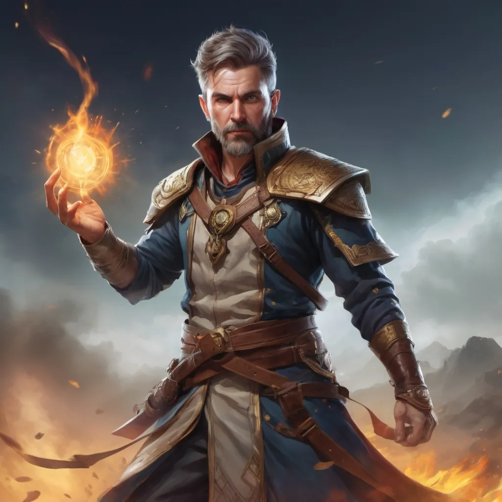 Prompt: Male large mature handsome battlemage with short hair and beard, casting a wind-spell out of hands on a battlefield, pathfinder, d&d setting, in a realistic high quality digital art style, colorful