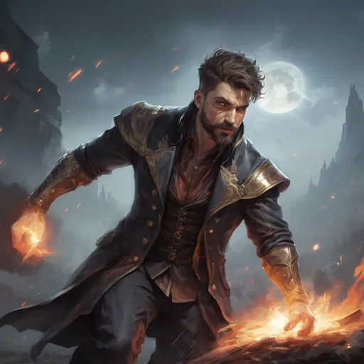 Prompt: Male stocky mature muscular illusionist with short-cut hair and beard, on a battlefield, in combat, Casting a spell, pathfinder, d&d setting, in a realistic high quality digital art style, enhanced shadow quality, colorful