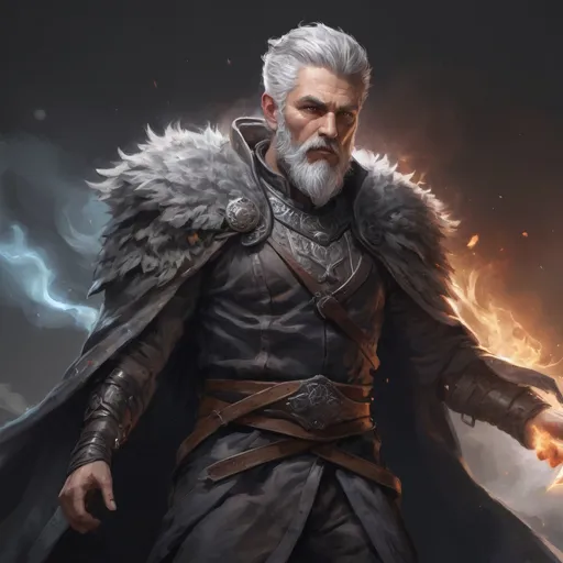 Prompt: (Full body) male stocky large masculine sorcerer with short-cut grey hair and beard, hairy chest, in a dark battle field, pathfinder, d&d setting, in a realistic high quality digital art style