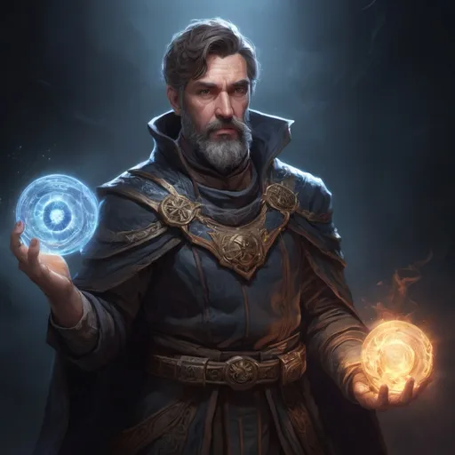 Prompt: Male stocky large mature summoner with short-cut hair and beard, exploring a dark astral dimention, pathfinder, d&d setting, in a realistic high quality digital art style, enhanced shadow quality, colorful