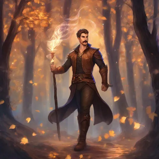 Prompt: (Full body) A male muscular witch with short cut hair with a mustache and stubble manly face, pathfinger, magic swirl, visible chest, leather pants, holding magic, dungeons and dragons, brown boots, fantasy setting, standing in a forest glade at night, in a painted style realistic art
