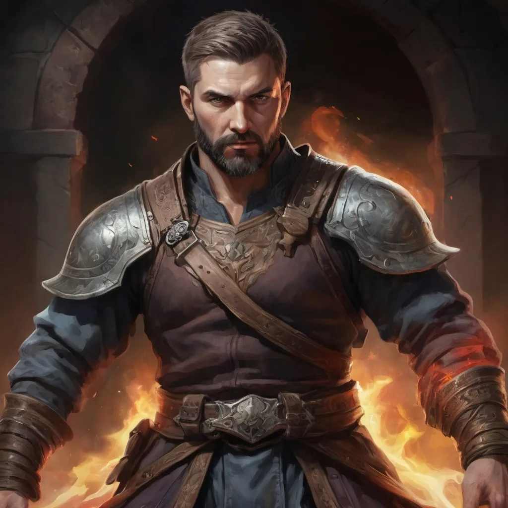 Prompt: (torso) Male stocky large ukranian handsome battle-mage with short-cut hair and beard, engaged in combat casting an arcane-spell inside of a dark dungeon, in movement, pathfinder, d&d setting, realistic, enhanced shadow quality, colorful